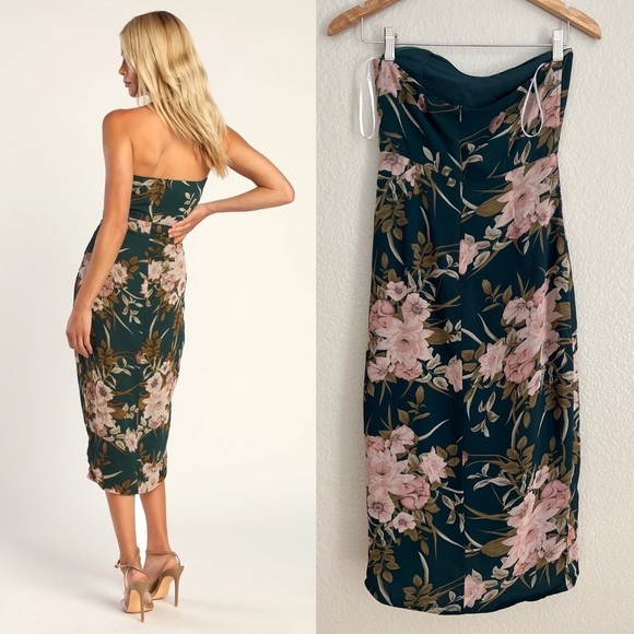 Lulu's Floral Strapless Midi Dress - Dark Green and Pink - Picture 3 of 7